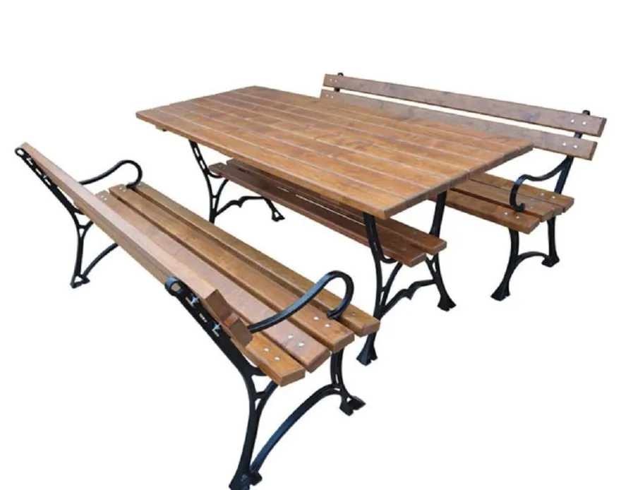Casa Padrino Jugendstil Gartenmöbel Set Tisch und 2 Sitzbänke mit Armlehnen Braun / Schwarz 150 cm - Gartenmöbel
