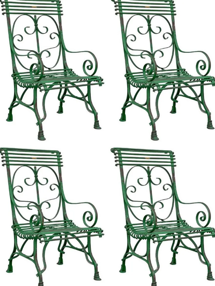 Casa Padrino Jugendstil Gartenstuhl 4er Set Antik Grün 64 x 66 x H. 114 cm - Handgefertigte Schmiedeeisen Stühle mit Armlehnen - Nostalgische Garten & Terrassen Möbel