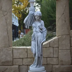 Casa Padrino Jugendstil Garten Deko Skulptur Frau mit Vase auf Säule Grau H. 244 cm