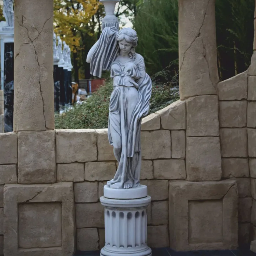 Casa Padrino Jugendstil Garten Deko Skulptur Frau mit Vase auf Säule Grau H. 244 cm