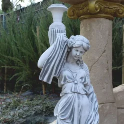 Casa Padrino Jugendstil Garten Deko Skulptur Frau mit Vase auf Säule Grau H. 244 cm