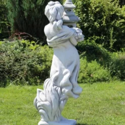 Casa Padrino Jugendstil Garten Deko Skulptur Dame mit Blumenstrauß Grau 31 x 31 x H. 122 cm - Elegante Garten Deko Stein Figur - Barock & Jugendstil Garten Deko Accessoires