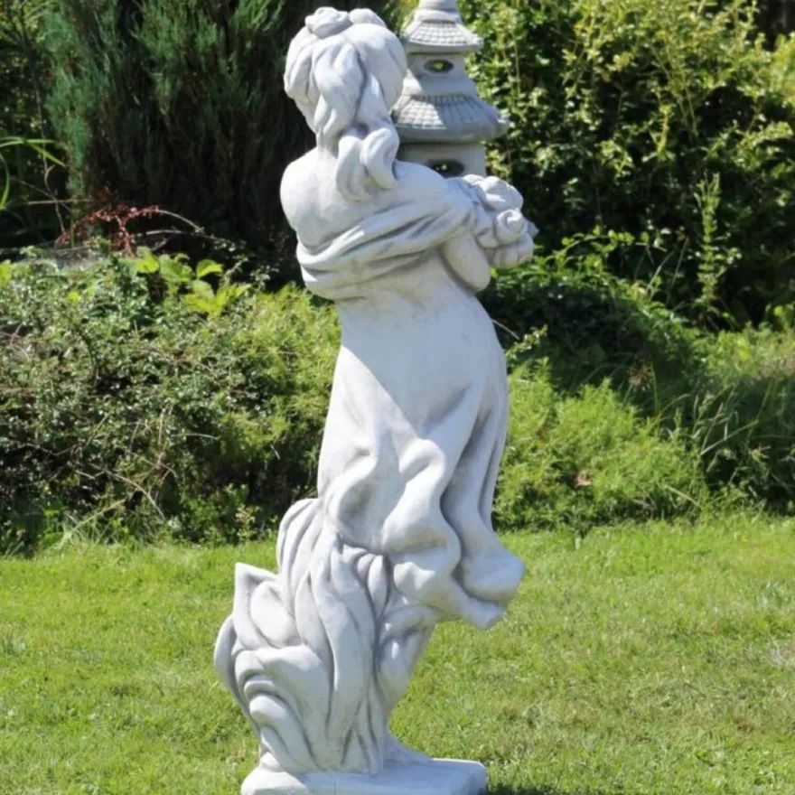 Casa Padrino Jugendstil Garten Deko Skulptur Dame mit Blumenstrauß Grau 31 x 31 x H. 122 cm - Elegante Garten Deko Stein Figur - Barock & Jugendstil Garten Deko Accessoires