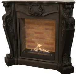 Casa Padrino Jugendstil Kamin mit Biobrenner Schwarz 127,5 x 48,5 x H. 111 cm - Prunkvoller Bioethanolkamin mit edlen Verzierungen und Steindekor - Luxus Qualität