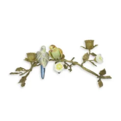 Casa Padrino Jugendstil Kerzenhalter Blütenzweig mit Vögeln Gold / Mehrfarbig 21 x 37,9 x H. 15,3 cm - Bronze Kerzenständer mit Porzellan Vögeln - Barock & Jugendstil Deko Accessoires
