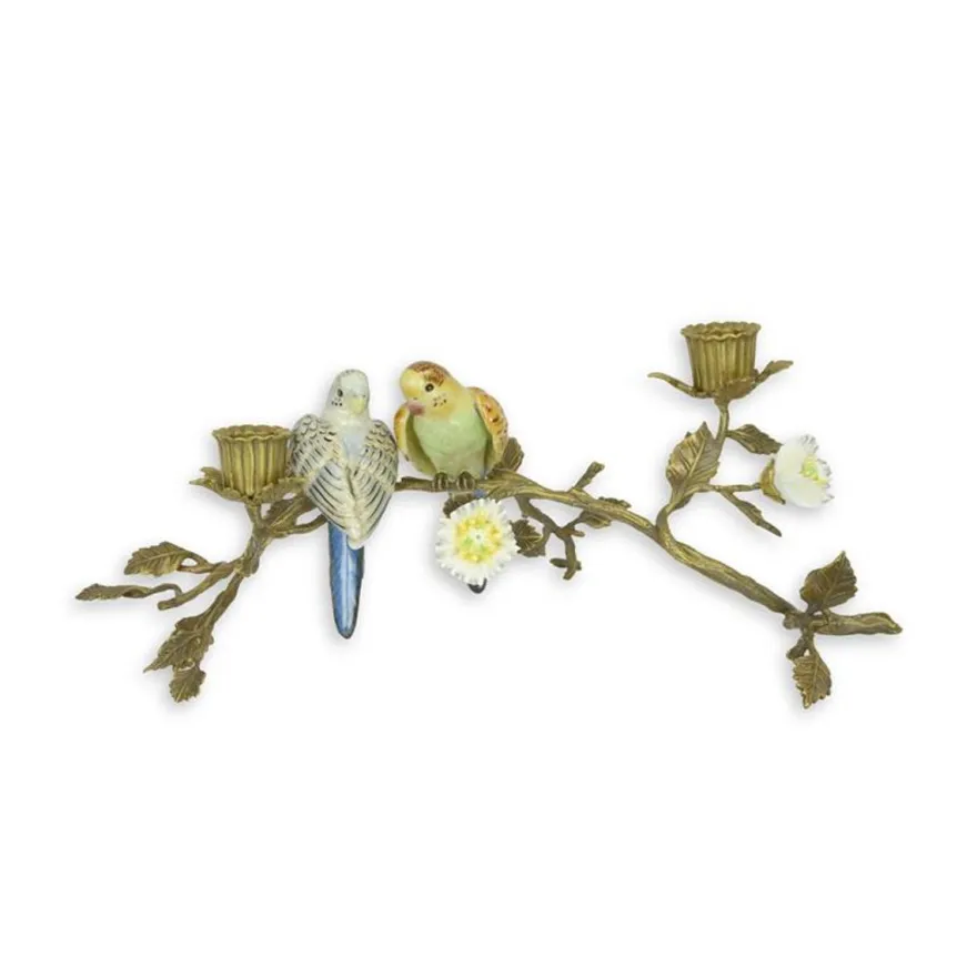 Casa Padrino Jugendstil Kerzenhalter Blütenzweig mit Vögeln Gold / Mehrfarbig 21 x 37,9 x H. 15,3 cm - Bronze Kerzenständer mit Porzellan Vögeln - Barock & Jugendstil Deko Accessoires