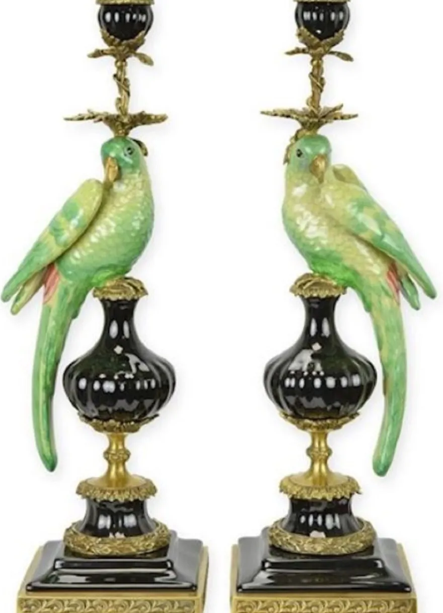 Casa Padrino Jugendstil Kerzenhalter Set Papageien Grün / Schwarz / Messing 16,1 x 12,8 x H. 48 cm - Porzellan Kerzenständer - Hotel & Restaurant Accessoires - Barock & Jugendstil Deko Accessoires
