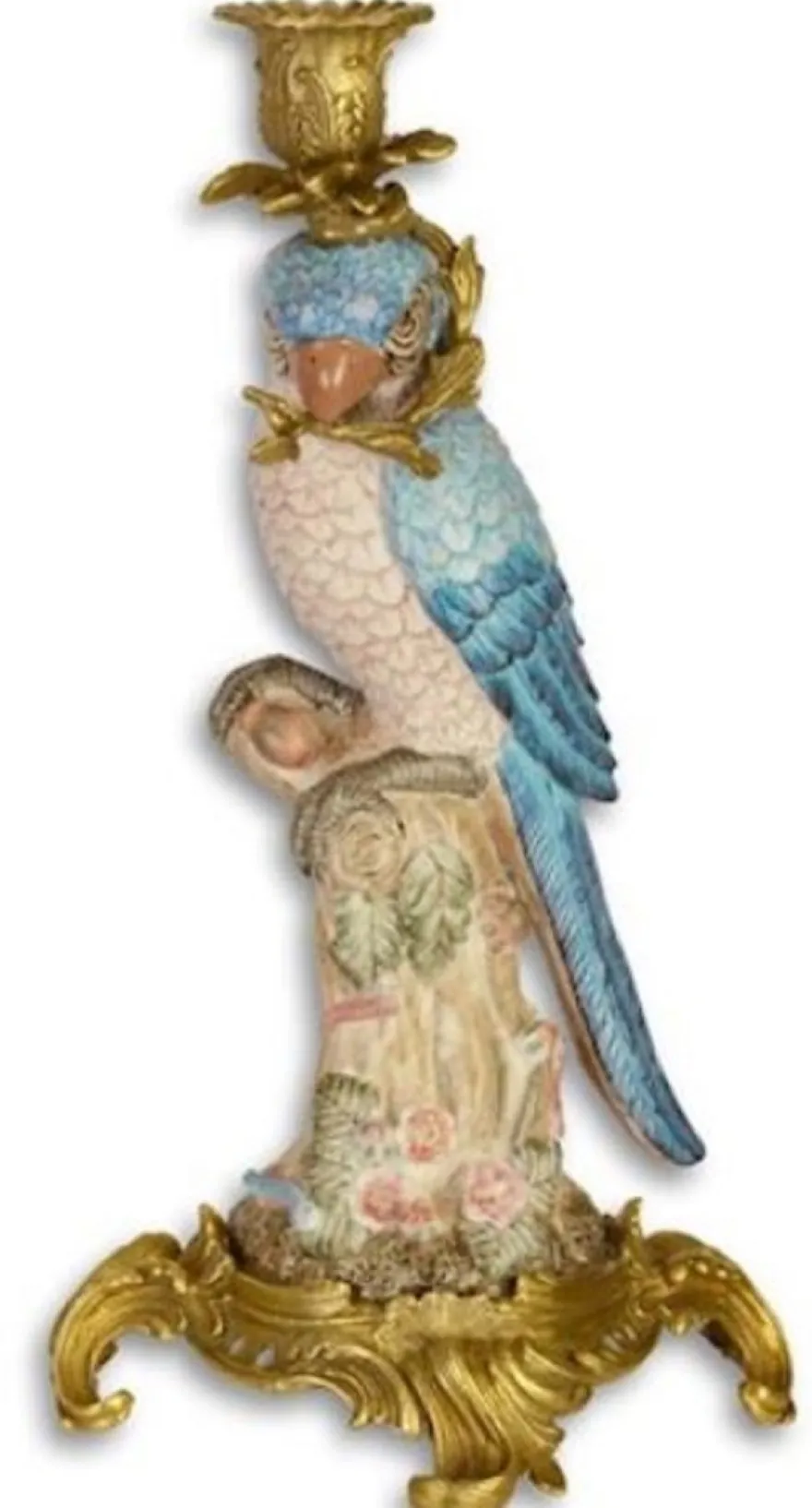 Casa Padrino Jugendstil Kerzenhalter Set Papageien Blau / Rosa / Mehrfarbig / Gold 15,3 x 15,9 x H. 36,3 cm - Porzellan Kerzenständer - Barock & Jugendstil Deko Accessoires