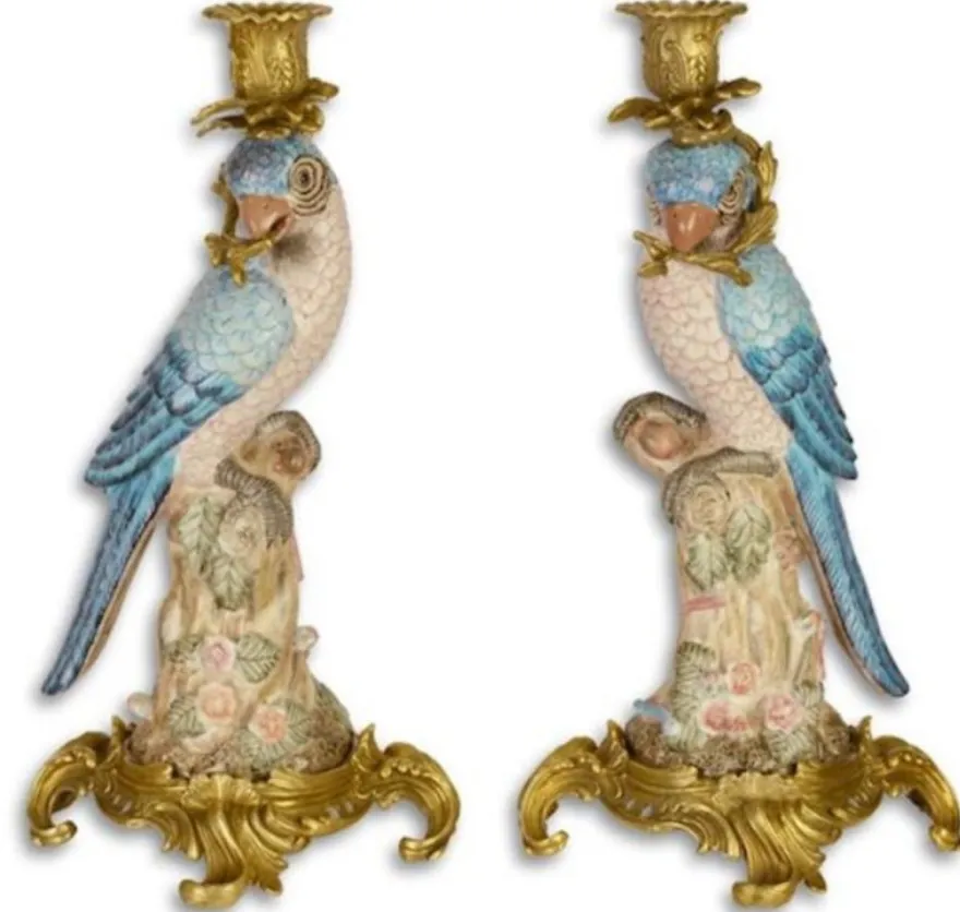 Casa Padrino Jugendstil Kerzenhalter Set Papageien Blau / Rosa / Mehrfarbig / Gold 15,3 x 15,9 x H. 36,3 cm - Porzellan Kerzenständer - Barock & Jugendstil Deko Accessoires