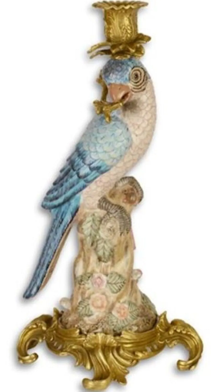 Casa Padrino Jugendstil Kerzenhalter Set Papageien Blau / Rosa / Mehrfarbig / Gold 15,3 x 15,9 x H. 36,3 cm - Porzellan Kerzenständer - Barock & Jugendstil Deko Accessoires