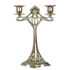 Casa Padrino Jugendstil Kerzenleuchter 2-armig Silberfarben 10 x 18,5 x H. 27,3 cm - Versilberter Bronze Kerzenständer - Barock & Jugendstil Deko Accessoires