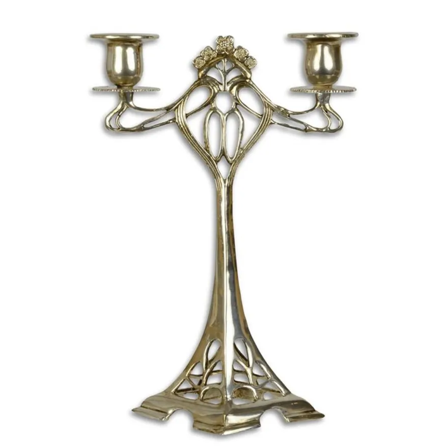 Casa Padrino Jugendstil Kerzenleuchter 2-armig Silberfarben 10 x 18,5 x H. 27,3 cm - Versilberter Bronze Kerzenständer - Barock & Jugendstil Deko Accessoires
