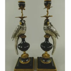 Casa Padrino Jugendstil Kerzenhalter Set Papageien Schwarz / Gold H. 48 cm
