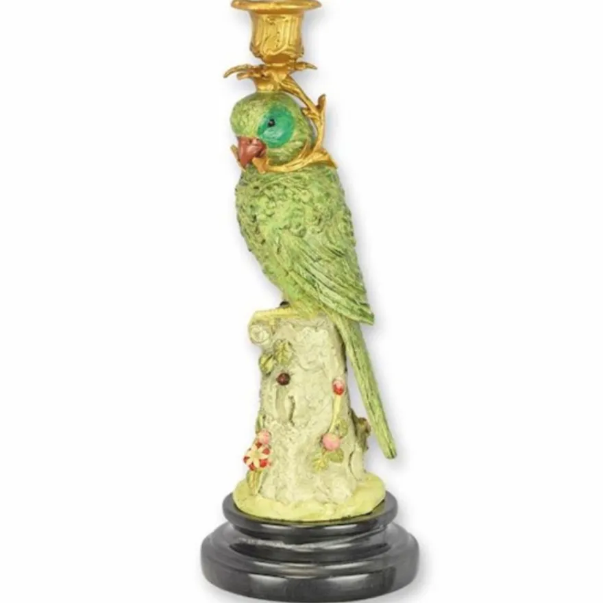 Casa Padrino Jugendstil Kerzenständer Papagei schaut nach links Grün / Gold / Schwarz H. 31 cm
