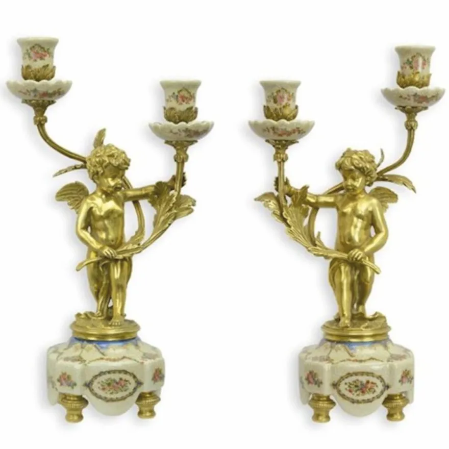 Casa Padrino Jugendstil Kerzenhalter Set Gold / Creme H. 38,6 cm - Deko Accessoires