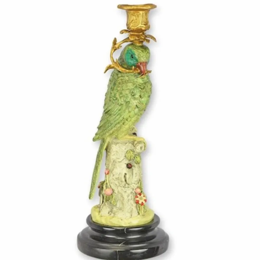 Casa Padrino Jugendstil Kerzenständer Papagei schaut nach rechts Grün / Gold / Schwarz H. 31 cm