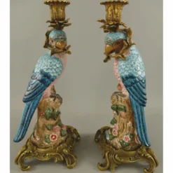 Casa Padrino Jugendstil Kerzenhalter Set Papageien Bunt / Gold H. 37 cm