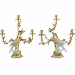 Casa Padrino Jugendstil Kerzenhalter Set Papageien Messing / Bunt H. 65 cm
