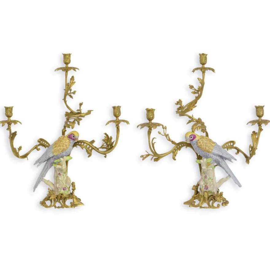 Casa Padrino Jugendstil Kerzenhalter Set Papageien Messing / Bunt H. 65 cm