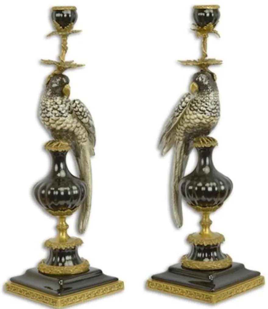 Casa Padrino Jugendstil Kerzenhalter Set Papagei Schwarz / Gold 16,1 x 12,8 x H. 48 cm - Elegante Porzellan Kerzenständer - Barock & Jugendstil Deko Accessoires