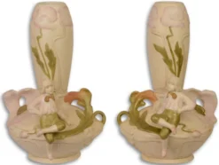 Casa Padrino Jugendstil Porzellan Blumenvasen Set Beige / Mehrfarbig 17,5 x 17 x H. 25,8 cm - Deko Vasen