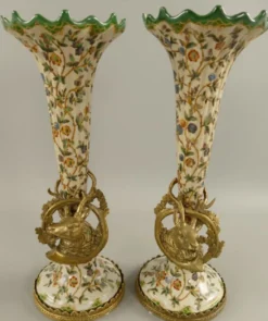 Casa Padrino Jugendstil Porzellan Vasen Set Creme / Mehrfarbig / Messing Ø 12 x H. 34 cm - Barock & Jugendstil Deko Accessoires