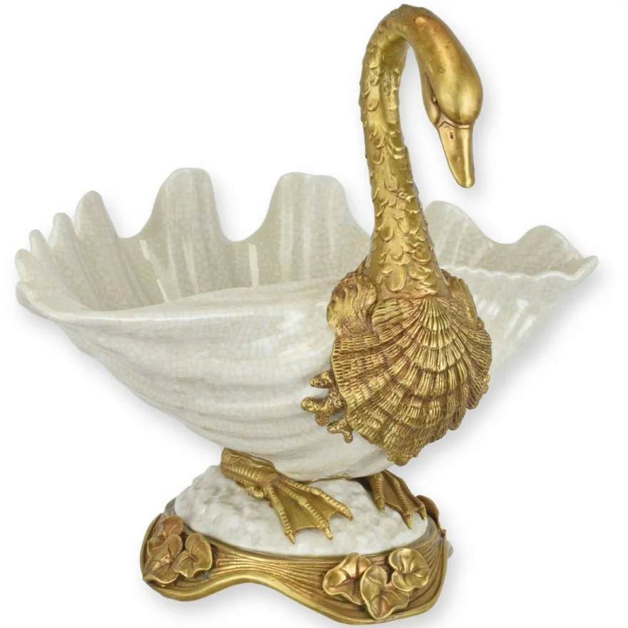 Casa Padrino Jugendstil Porzellan Schüssel Schwan Weiß / Gold 27,1 x 23,5 x H. 25,3 cm