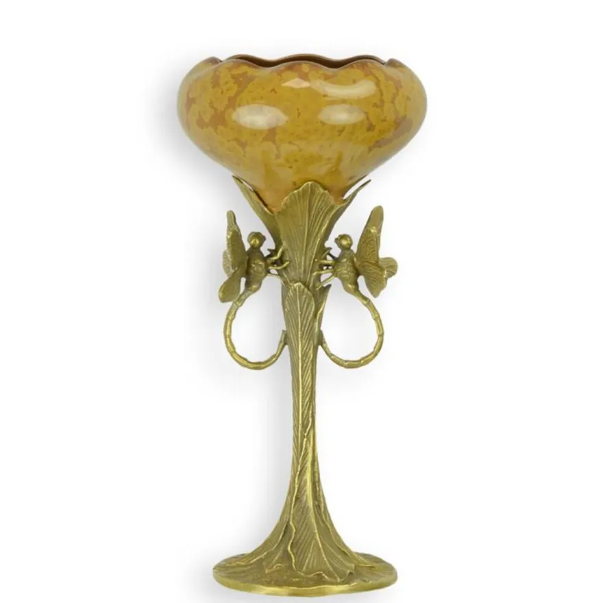 Casa Padrino Jugendstil Porzellan Schale mit Bronze Libellen Gelb / Gold 11,7 x 11,7 x H. 24,7 cm - Deko Pokal - Barock & Jugendstil Deko Accessoires