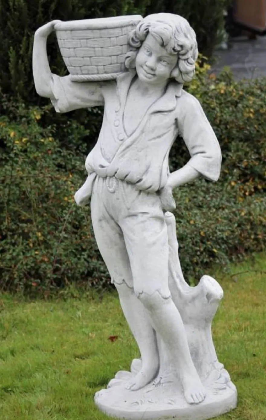 Casa Padrino Jugendstil Skulptur Junge mit Blumentopf Grau 50 x 40 x H. 67 cm - Elegante Garten Deko Stein Figur mit Pflanzentopf - Barock & Jugendstil Garten Deko Accessoires