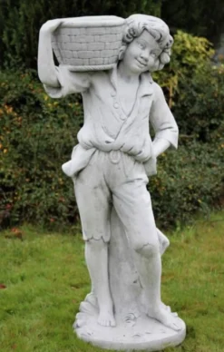 Casa Padrino Jugendstil Skulptur Junge mit Blumentopf Grau 50 x 40 x H. 67 cm - Elegante Garten Deko Stein Figur mit Pflanzentopf - Barock & Jugendstil Garten Deko Accessoires