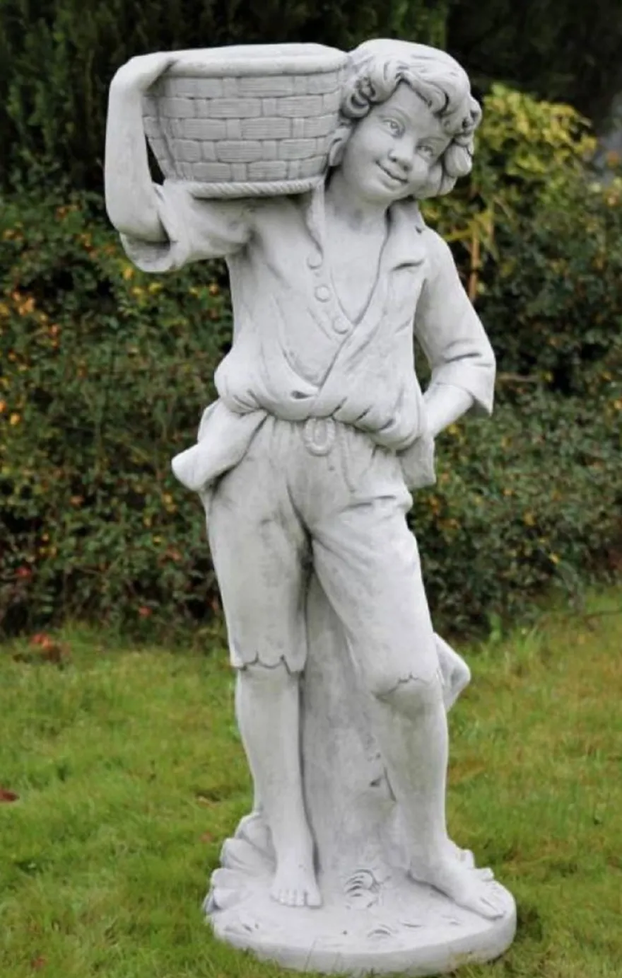 Casa Padrino Jugendstil Skulptur Junge mit Blumentopf Grau 50 x 40 x H. 67 cm - Elegante Garten Deko Stein Figur mit Pflanzentopf - Barock & Jugendstil Garten Deko Accessoires