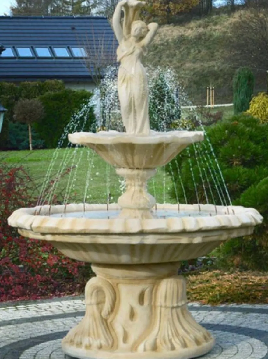 Casa Padrino Jugendstil Springbrunnen Frau mit Vase Sandfarben Ø 155 x H. 215 cm - Prunkvoller Gartenbrunnen - Gartendeko Brunnen - Barock & Jugendstil Garten Deko Accessoires
