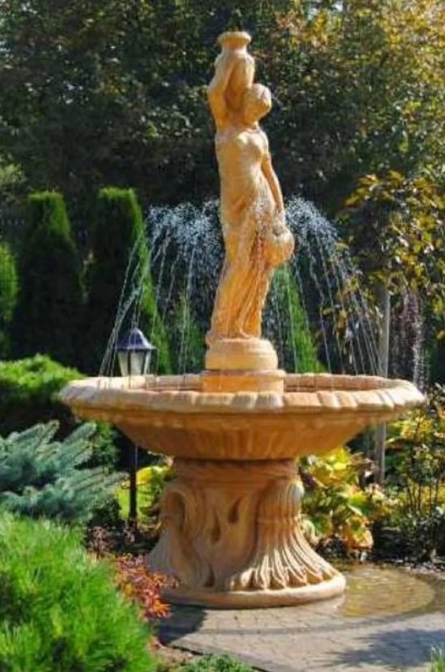 Casa Padrino Jugendstil Springbrunnen Beige Ø 155 x H. 228 cm - Prunkvoller Gartenbrunnen - Gartendeko Brunnen - Barock & Jugendstil Garten Deko Accessoires