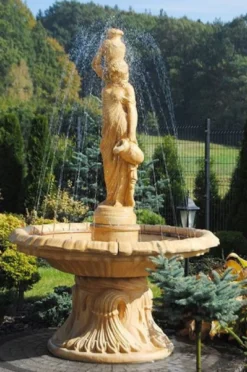 Casa Padrino Jugendstil Springbrunnen Beige Ø 155 x H. 228 cm - Prunkvoller Gartenbrunnen - Gartendeko Brunnen - Barock & Jugendstil Garten Deko Accessoires
