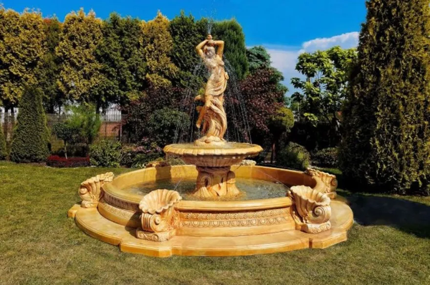 Casa Padrino Jugendstil Springbrunnen Beige Ø 145 x H. 234 cm - Prunkvoller Gartenbrunnen - Gartendeko Brunnen