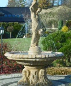 Casa Padrino Jugendstil Springbrunnen Sandfarben Ø 155 x H. 228 cm - Prunkvoller Gartenbrunnen - Gartendeko Brunnen - Barock & Jugendstil Garten Deko Accessoires
