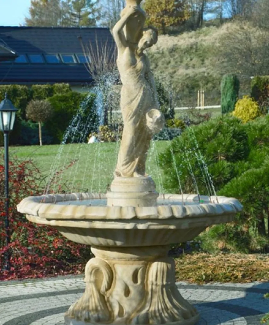 Casa Padrino Jugendstil Springbrunnen Sandfarben Ø 155 x H. 228 cm - Prunkvoller Gartenbrunnen - Gartendeko Brunnen - Barock & Jugendstil Garten Deko Accessoires