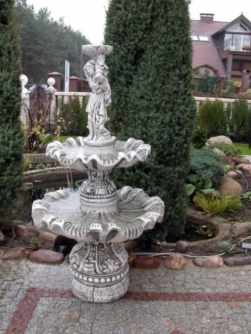 Casa Padrino Jugendstil Springbrunnen Grau Ø 92 x H. 161 cm - Prunkvoller Gartenbrunnen - Gartendeko Brunnen - Barock & Jugendstil Garten Deko Accessoires