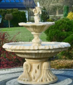 Casa Padrino Jugendstil Springbrunnen Sandfarben Ø 155 x H. 187 cm - Prunkvoller Gartenbrunnen - Gartendeko Brunnen - Barock & Jugendstil Garten Deko Accessoires