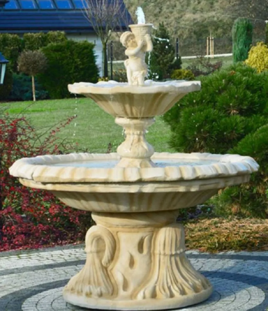 Casa Padrino Jugendstil Springbrunnen Sandfarben Ø 155 x H. 187 cm - Prunkvoller Gartenbrunnen - Gartendeko Brunnen - Barock & Jugendstil Garten Deko Accessoires