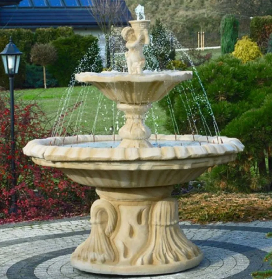 Casa Padrino Jugendstil Springbrunnen Sandfarben Ø 155 x H. 187 cm - Prunkvoller Gartenbrunnen - Gartendeko Brunnen - Barock & Jugendstil Garten Deko Accessoires