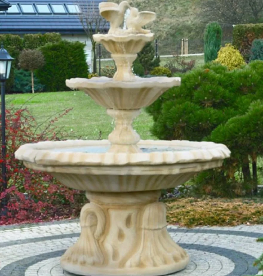 Casa Padrino Jugendstil Springbrunnen mit Tauben Sandfarben Ø 155 x H. 182 cm - Prunkvoller Gartenbrunnen - Gartendeko Brunnen - Barock & Jugendstil Garten Deko Accessoires