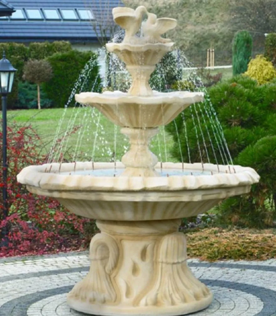 Casa Padrino Jugendstil Springbrunnen mit Tauben Sandfarben Ø 155 x H. 182 cm - Prunkvoller Gartenbrunnen - Gartendeko Brunnen - Barock & Jugendstil Garten Deko Accessoires