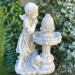 Casa Padrino Jugendstil Springbrunnen Mädchen mit Hund Grau H. 68 cm