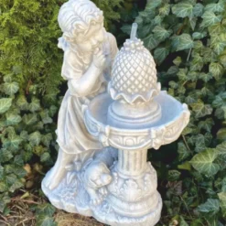 Casa Padrino Jugendstil Springbrunnen Mädchen mit Hund Grau H. 68 cm