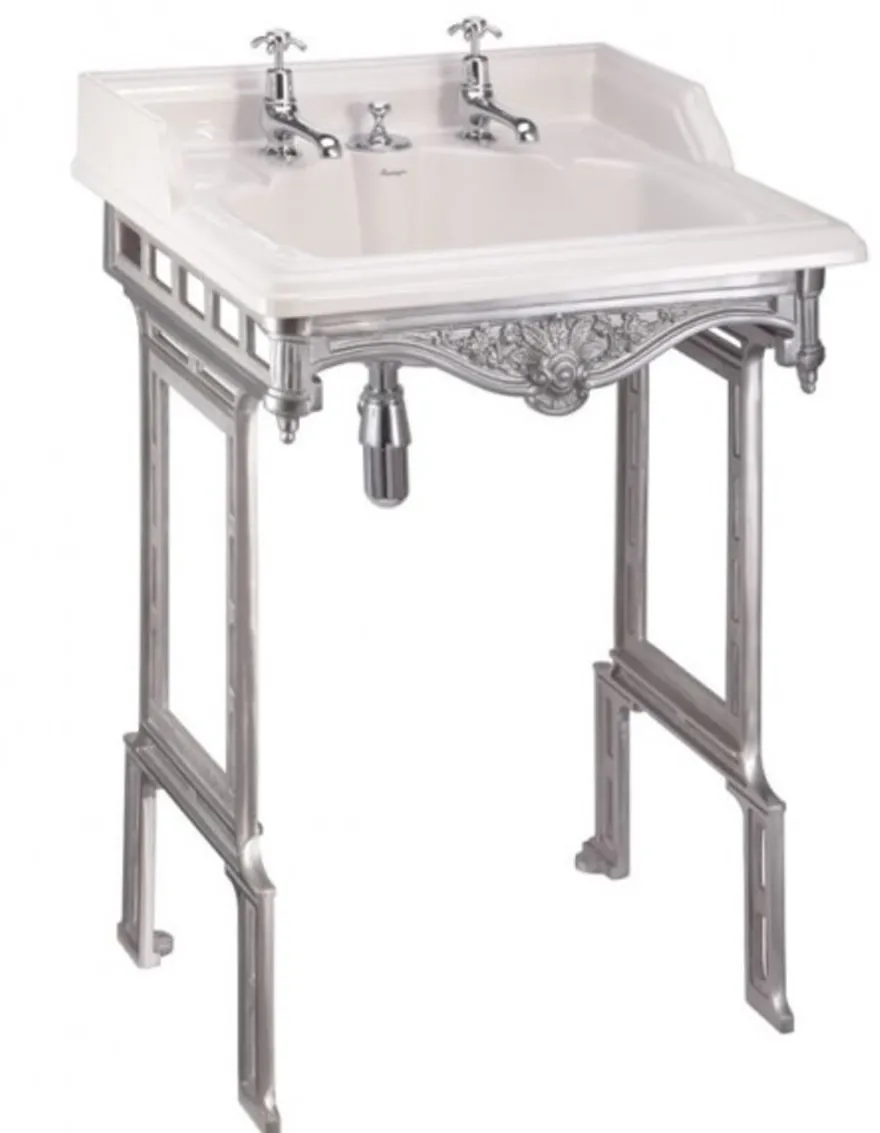Casa Padrino Jugendstil Stand Waschtisch Weiß / Silber mit 2 Hahnlöchern - Barock Waschbecken Antik Stil - 890 x 650 x 575 mm
