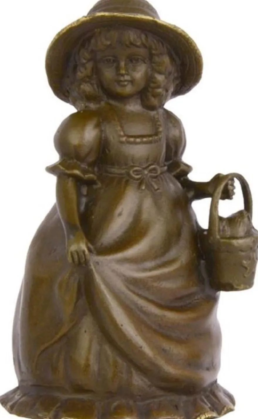 Casa Padrino Jugendstil Tischglocke Mädchen mit Korb Bronze / Gold 7,1 x 6,5 x H. 12,4 cm - Tischklingel Service Glocke aus Bronze - Hotel & Gastronomie Accessoires