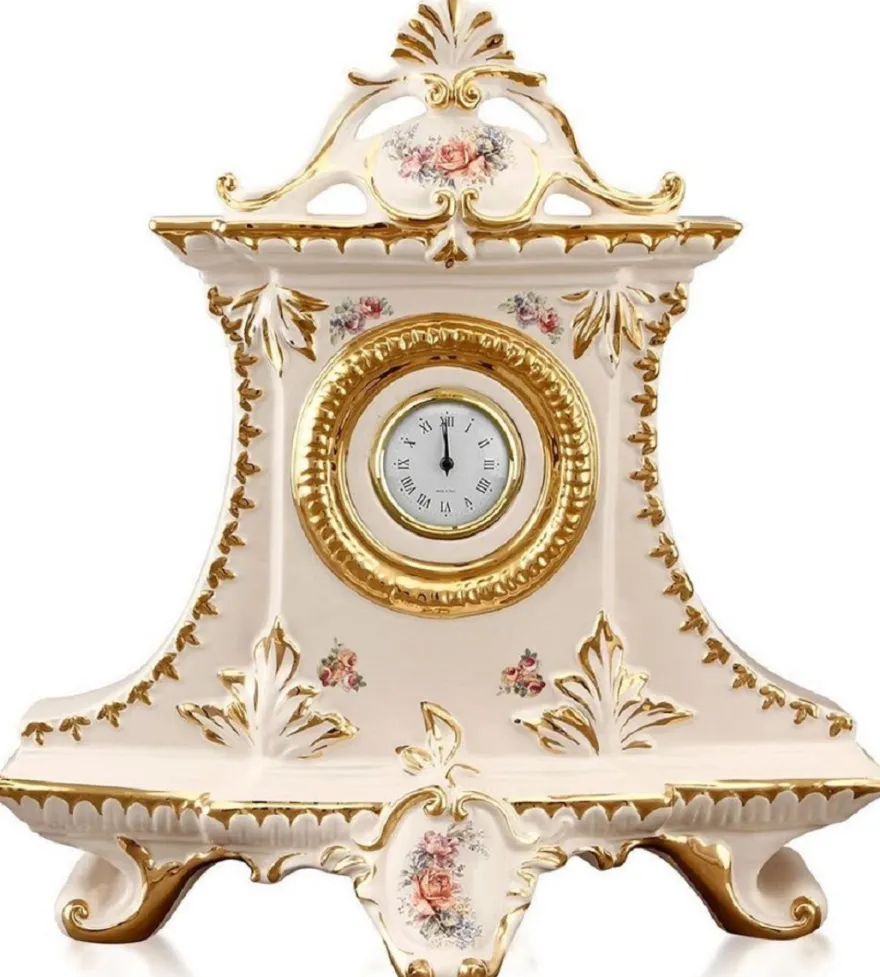 Casa Padrino Jugendstil Tischuhr Cremefarben / Gold / Mehrfarbig 43 x 16 x H. 45 cm - Barock & Jugendstil Deko Accessoires