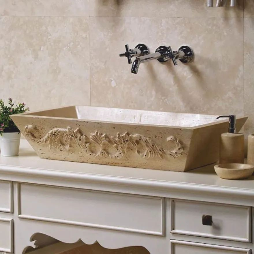 Casa Padrino Jugendstil Travertin Waschbecken Schale Beige 70 cm - Badezimmer Accessoires