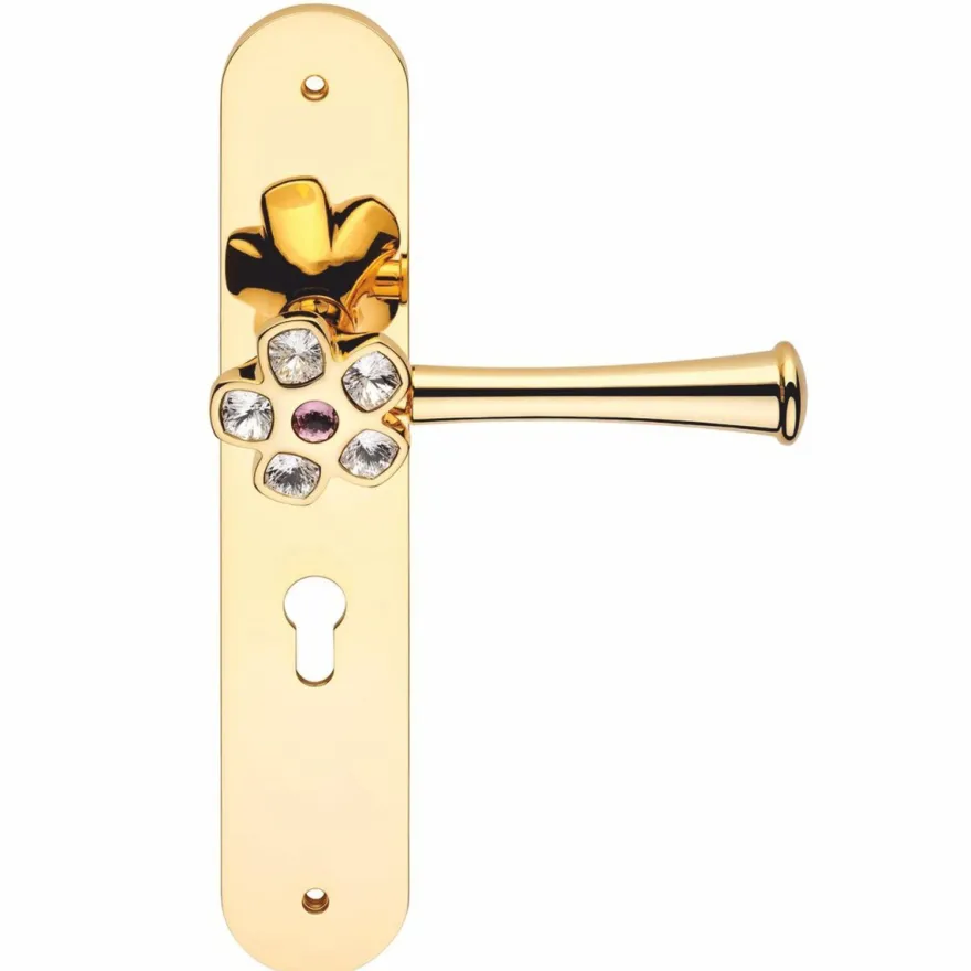 Casa Padrino Jugendstil Türklinken Set mit Kristallglas Gold / Lila 30 cm - Türgriffe mit Platten - Jugendstil Accessoires - Made in Italy